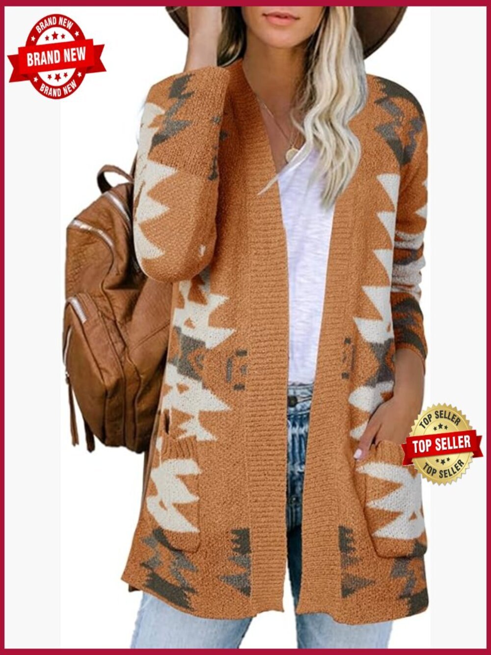 Boho Aztec Open Front Long Sleeve Knitted Cardigan Coat